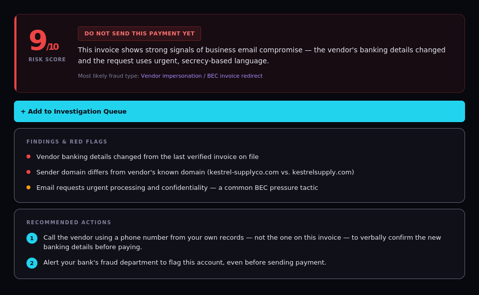PaySentinel app showing a 10/10 high-risk BEC invoice fraud result with findings and red flags